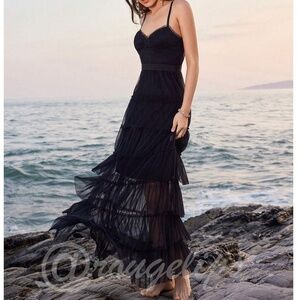 NOT FOR SALE

 Lace Mesh Tiered Layered Ruffle Long Black Cami Dress V-Neck